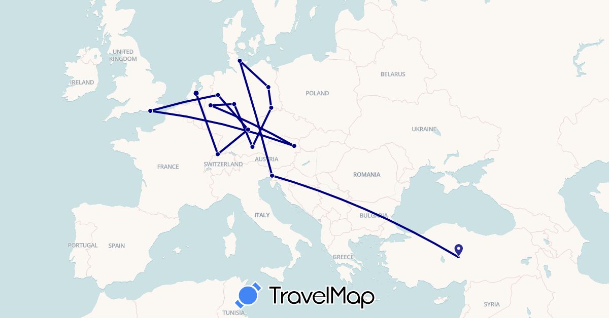 TravelMap itinerary: driving in Austria, Switzerland, Germany, United Kingdom, Netherlands, Slovenia, Turkey (Asia, Europe)